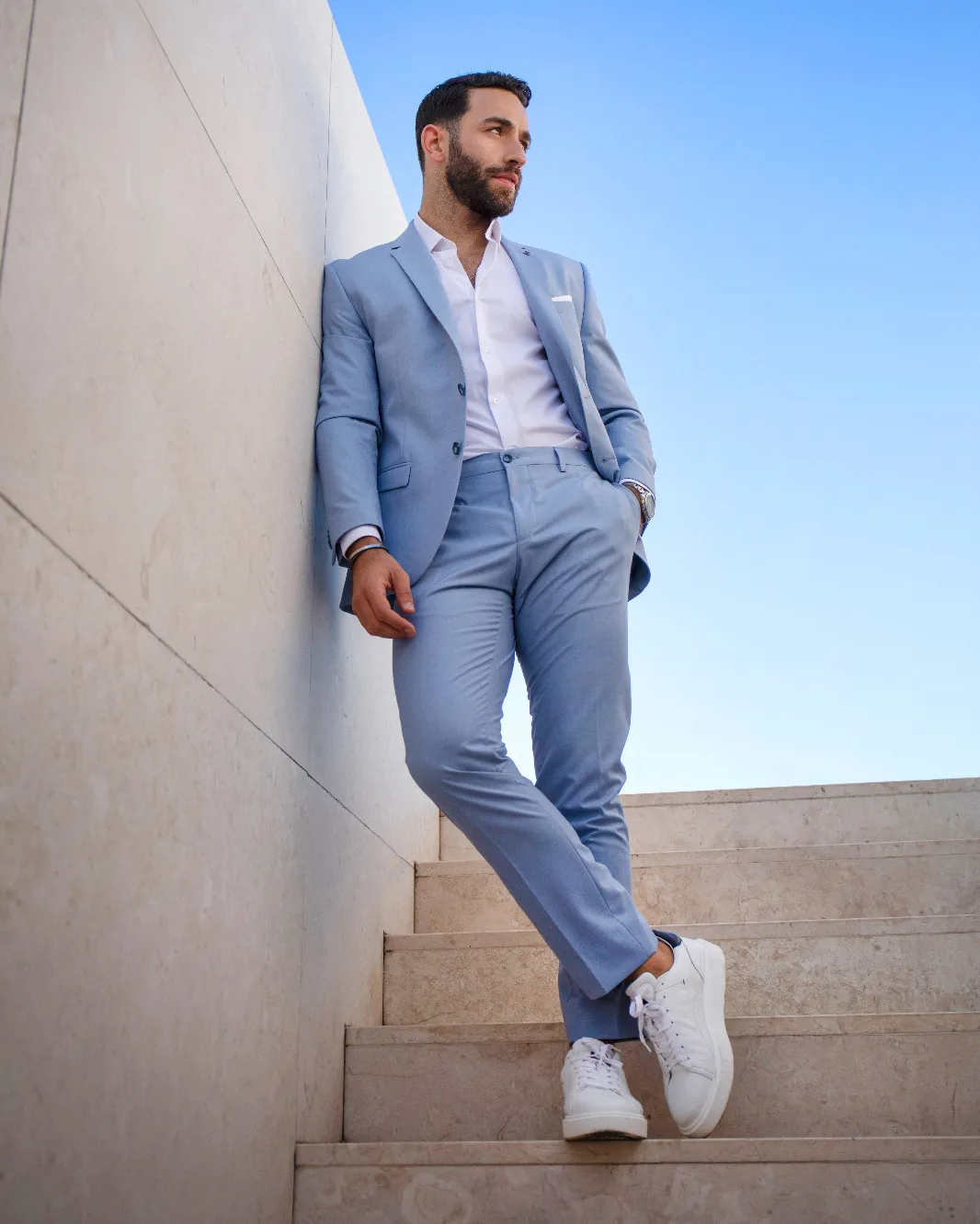 3. Sky Blue Suit For Garden Wedding