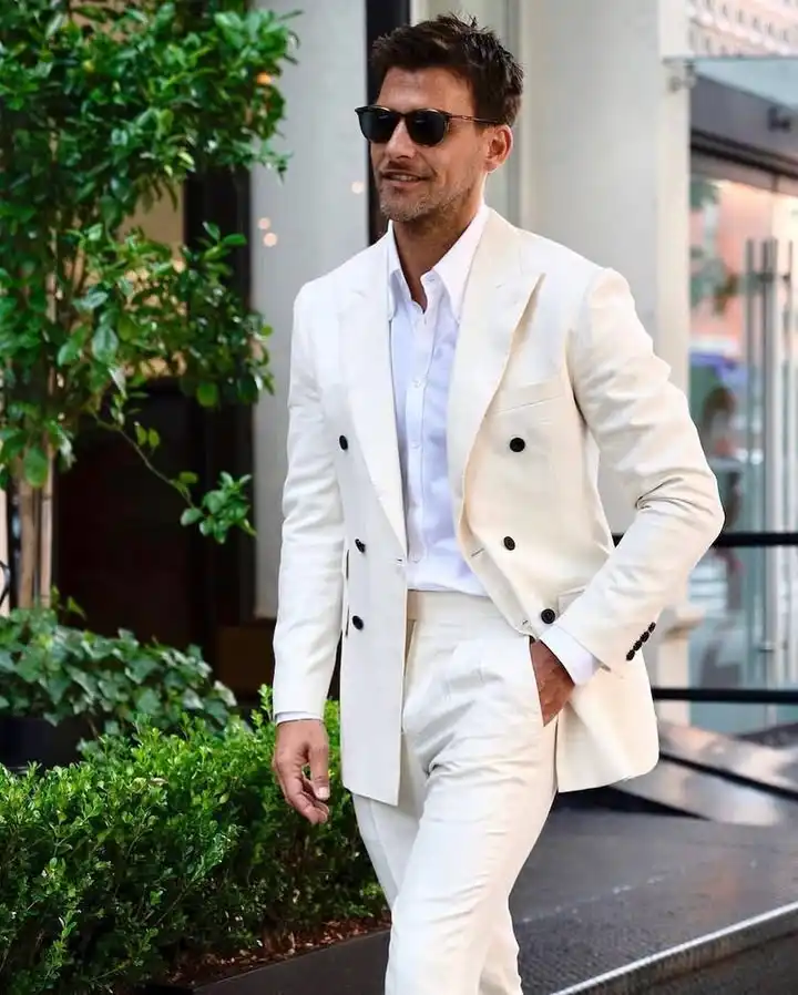 5. Ivory Double Breasted Suit With Open Collar
