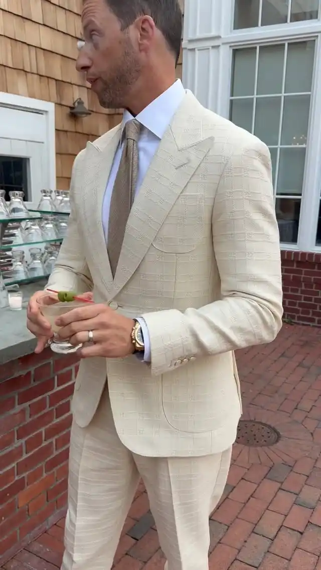 3. Cream Textured Suit With Peak Lapels