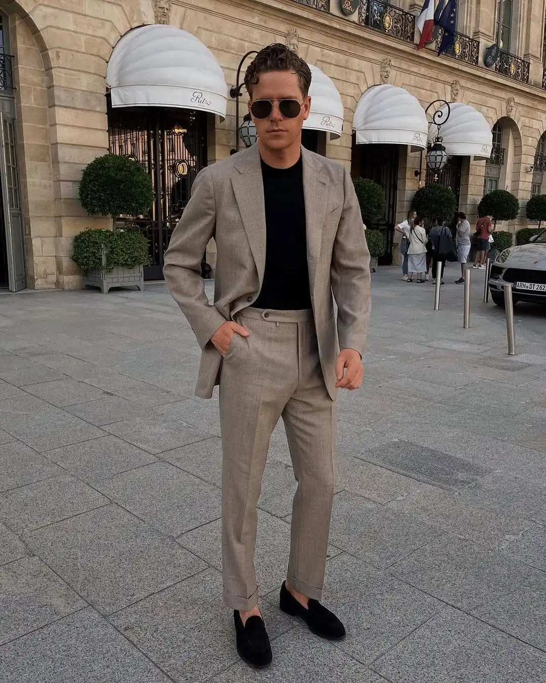 6. Taupe Suit With a Black T-Shirt
