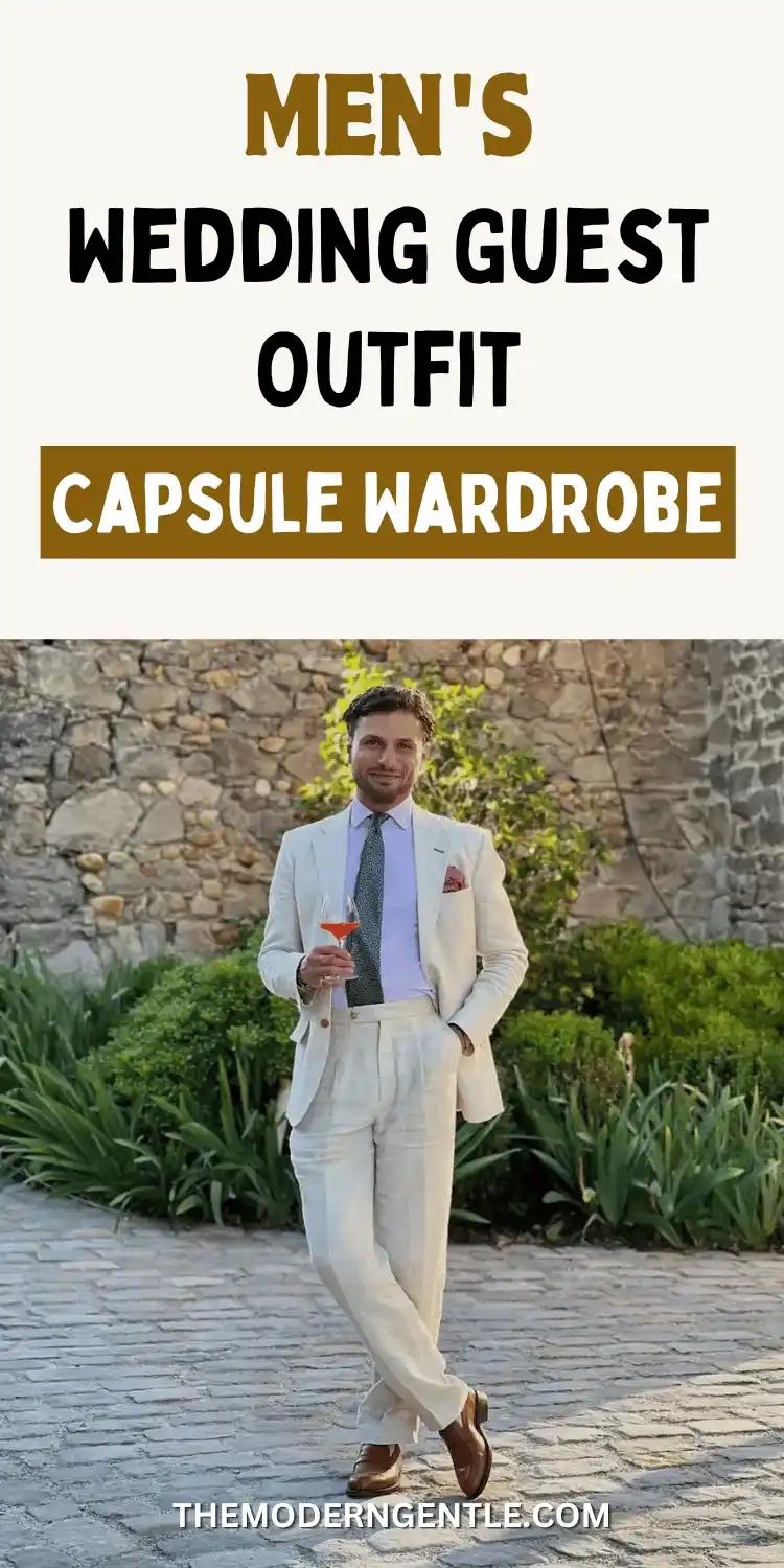 A Pinterest pin reading Men's Wedding Guest Outfit Capsule Wardrobe on a cream background, above a photo of a man holding a red cocktail on a cobblestone path in front of a stone wall and greenery. He wears a cream linen suit, a light blue dress shirt, a dark green tie, a red pocket square, and brown leather shoes, illustrating a mens capsule wardrobe anchor piece for wedding guest style.