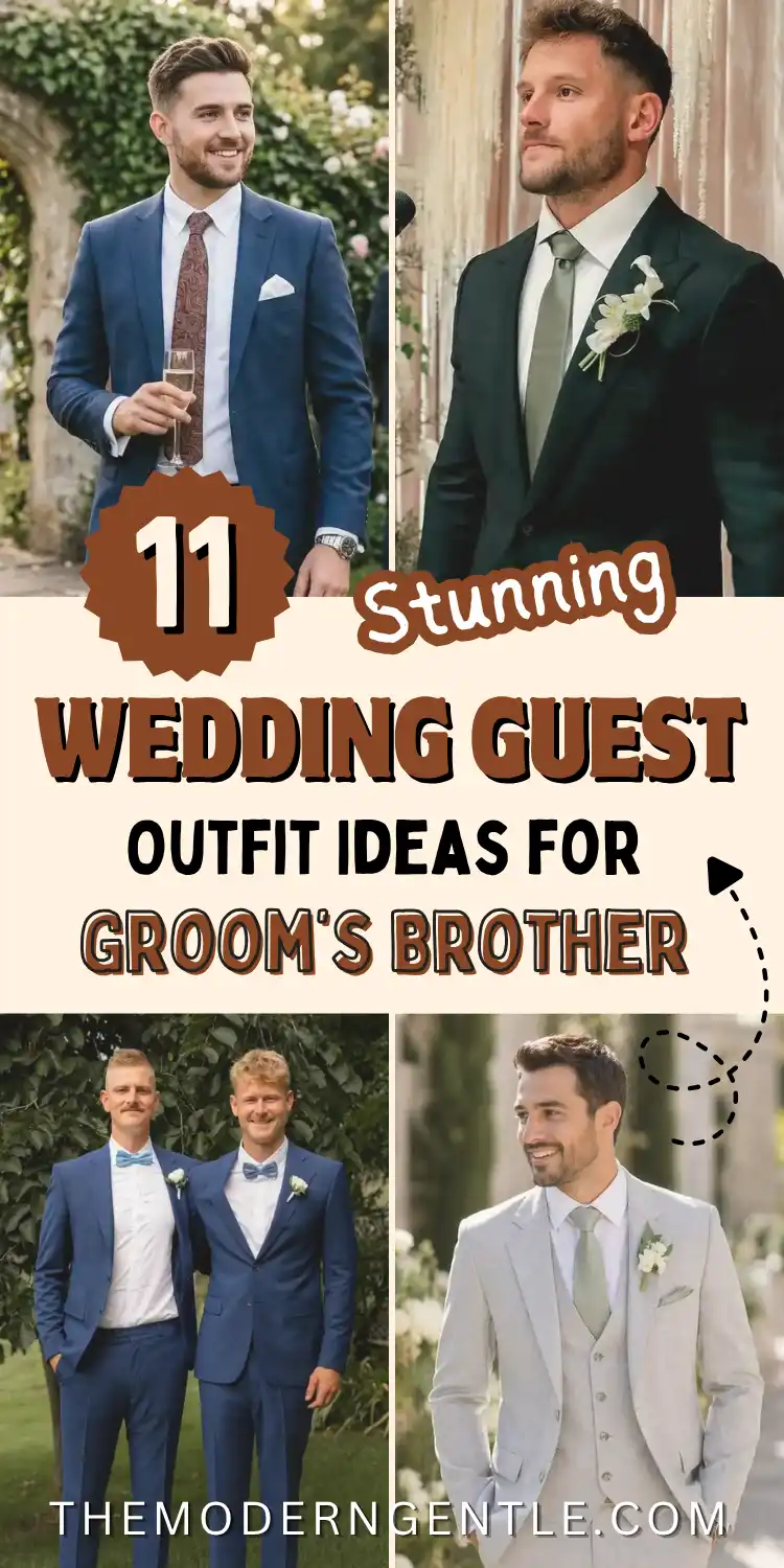Pinterest pin collage showing four wedding guest outfit ideas for the groom's brother. A man in a navy suit holds champagne near ivy, another wears a dark green suit with a sage tie and white boutonniere, two brothers stand together in matching navy suits with light blue bow ties, and a fourth poses in a light grey three piece suit with a waistcoat. Bold overlay text reads "11 Stunning Wedding Guest Outfit Ideas for Groom's Brother" from themoderngentle.com.