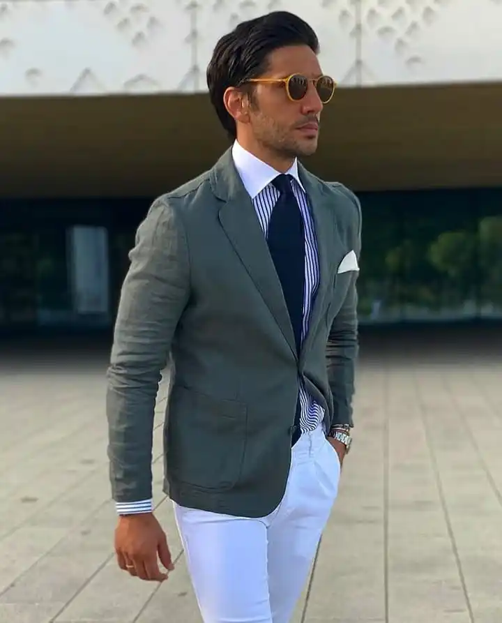 9. Olive Blazer with White Trousers