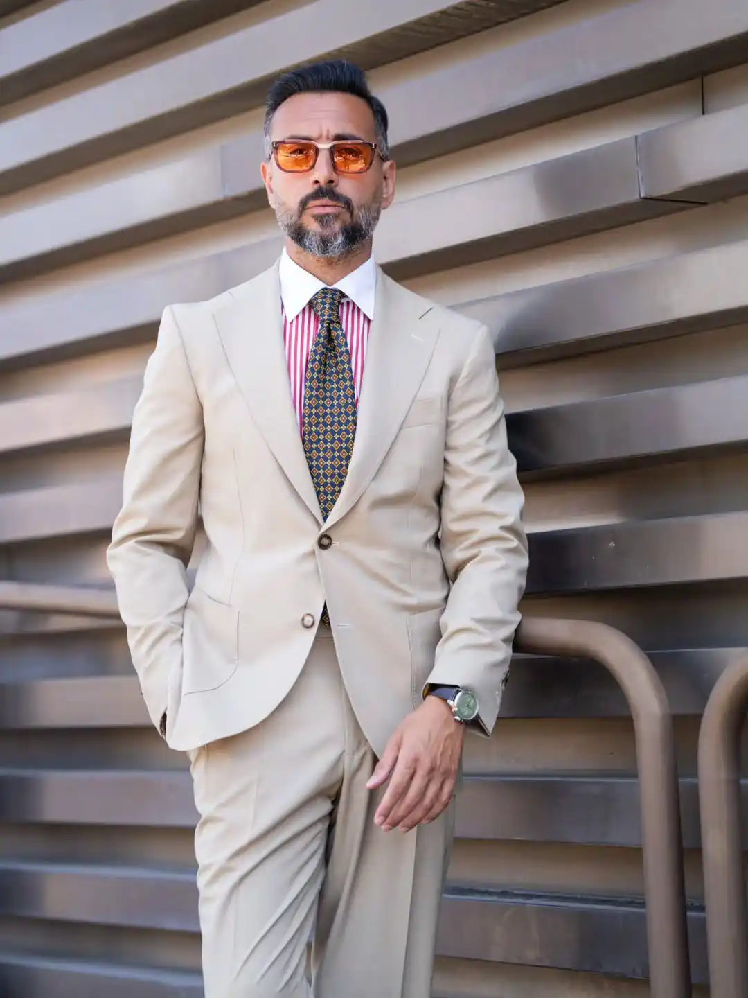 1. Beige Suit with Striped Shirt