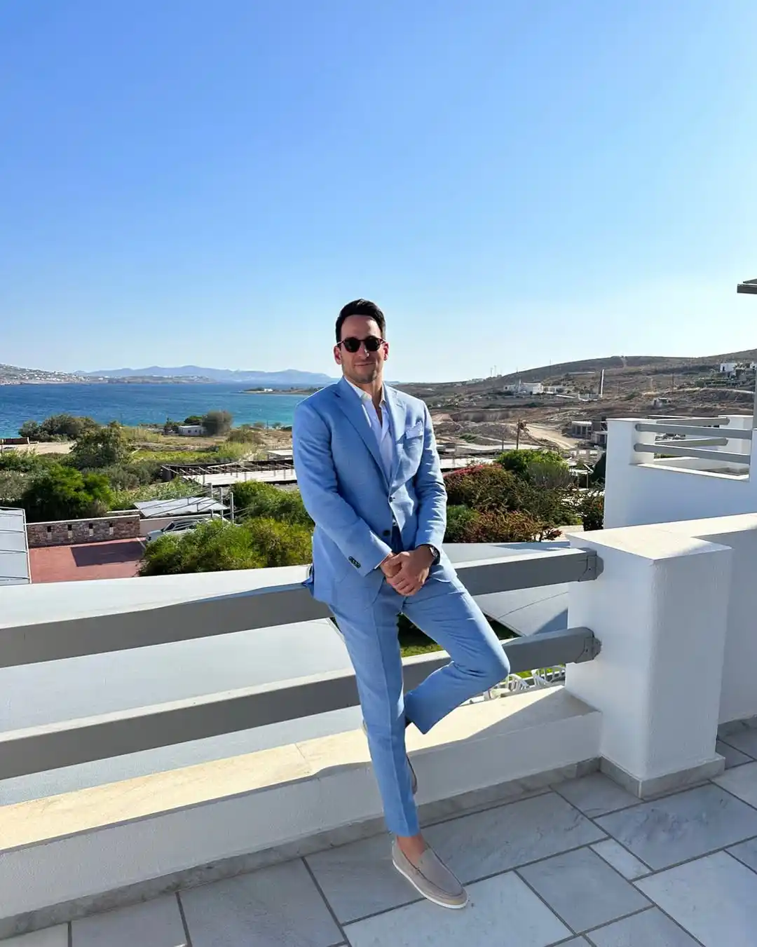 6. Sky Blue Suit With Open Collar Shirt