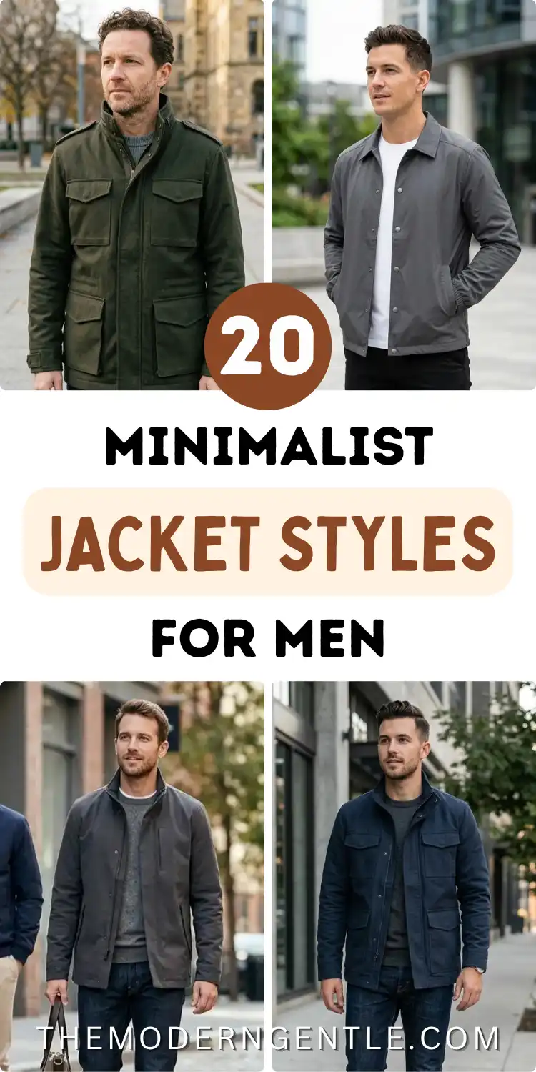 Pinterest pin showing four men's outerwear looks in an urban setting: a dark olive field jacket with patch pockets, a charcoal coach jacket worn over a white tee, a grey field jacket layered over a knit sweater, and a navy field jacket paired with jeans. Text reads "20 Minimalist Jacket Styles for Men." Neutral tones and clean silhouette fashion define this men's street style capsule wardrobe roundup.