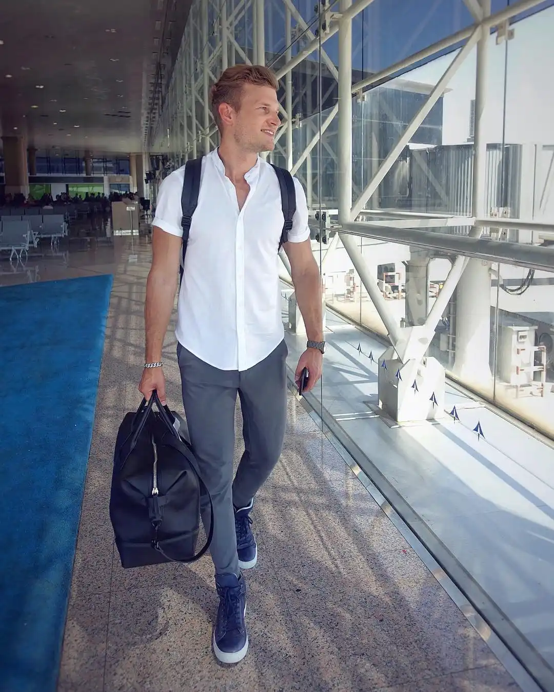 4. The Band Collar Shirt and Fitted Chinos
