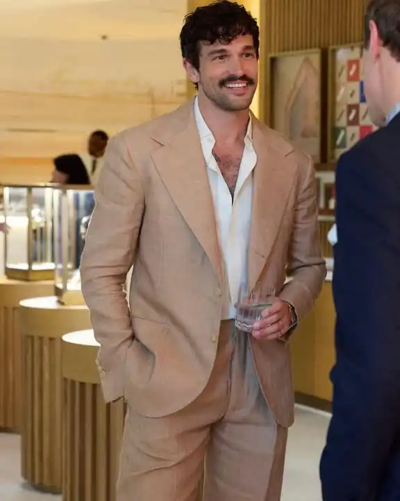 9. Camel Suit with Open Neck Shirt