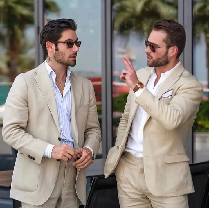 7. Tan Suit with Open Collar Shirt