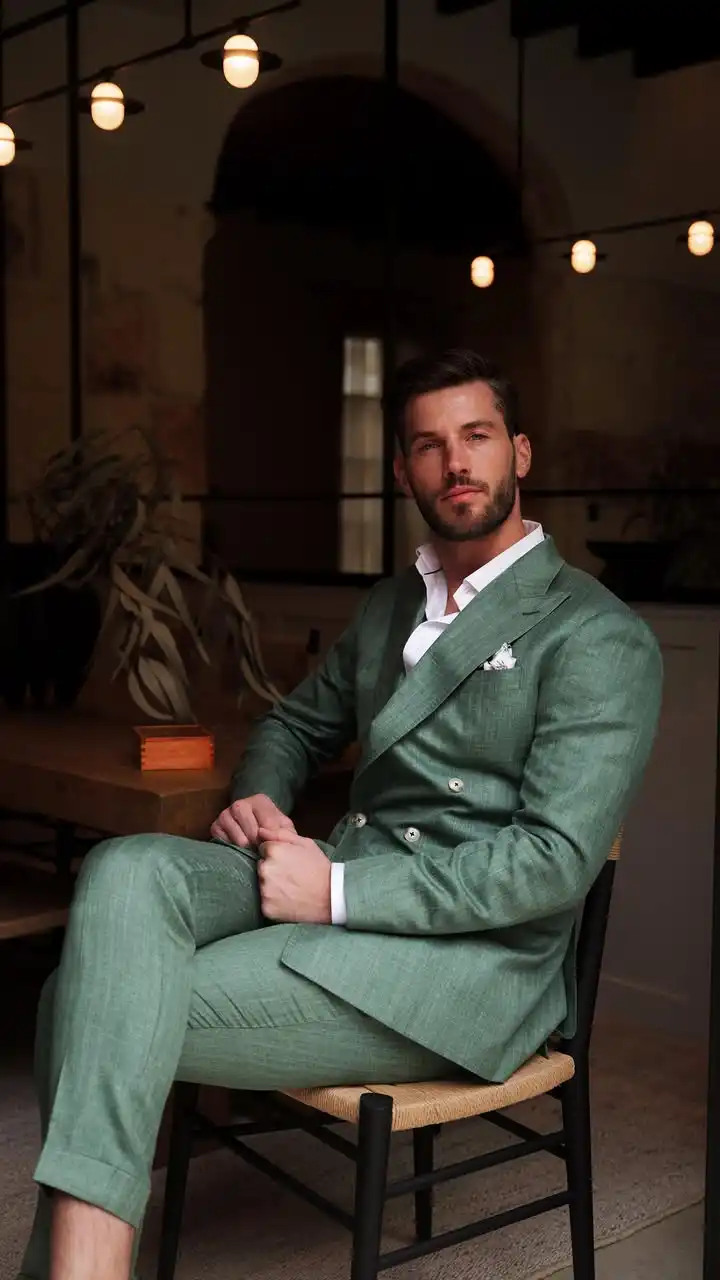 8. Sage Double Breasted Suit No Tie