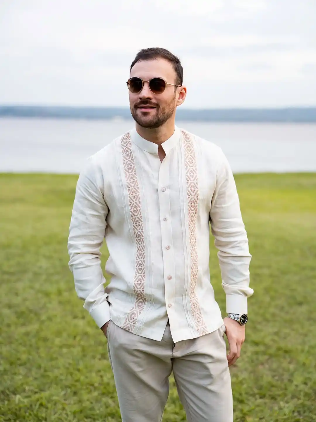 7. Embroidered Guayabera Shirt with Band Collar