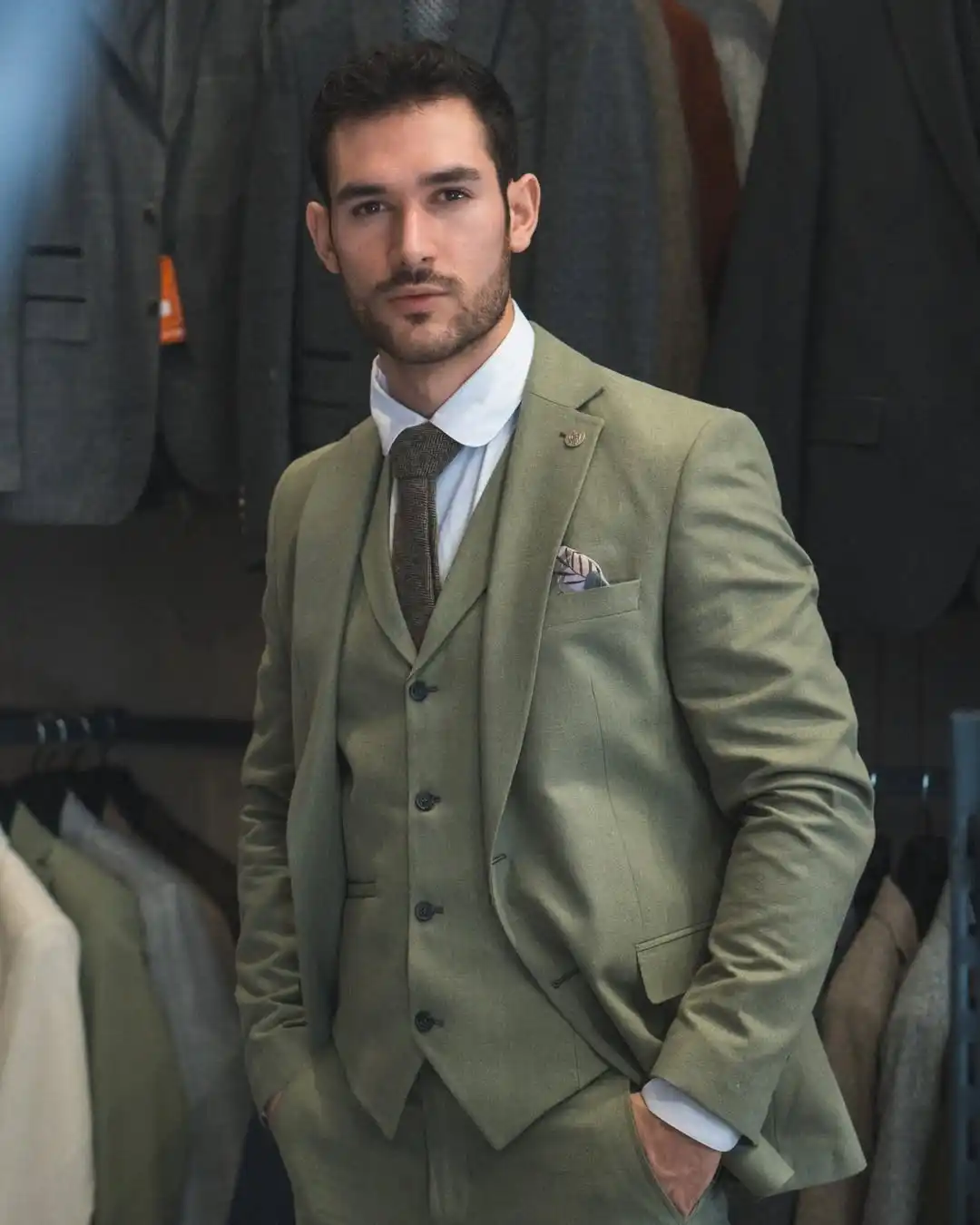 12. Sage Green Three Piece Suit With Textured Tie