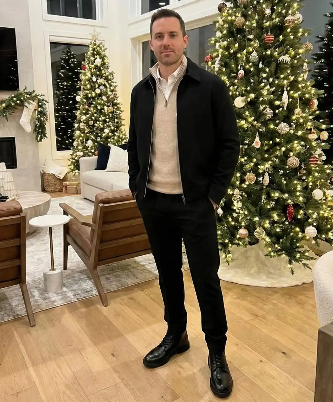 15 Winter Wedding Guest Outfit Ideas for Men 9 7. Black Harrington Jacket with Quarter Zip Sweater