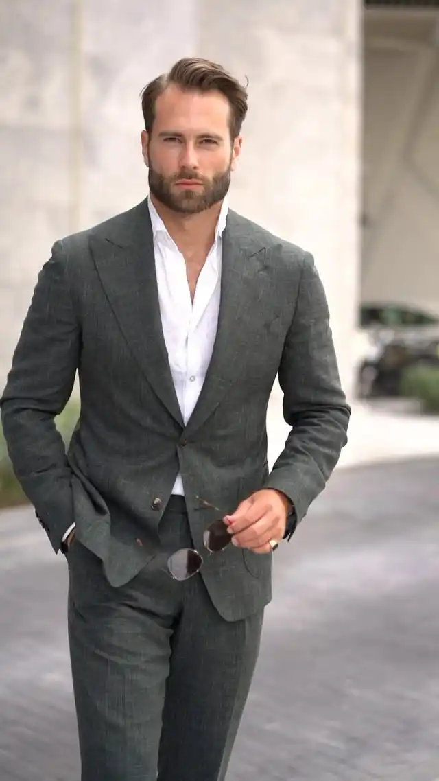 10. Charcoal Textured Suit Deep V Neck