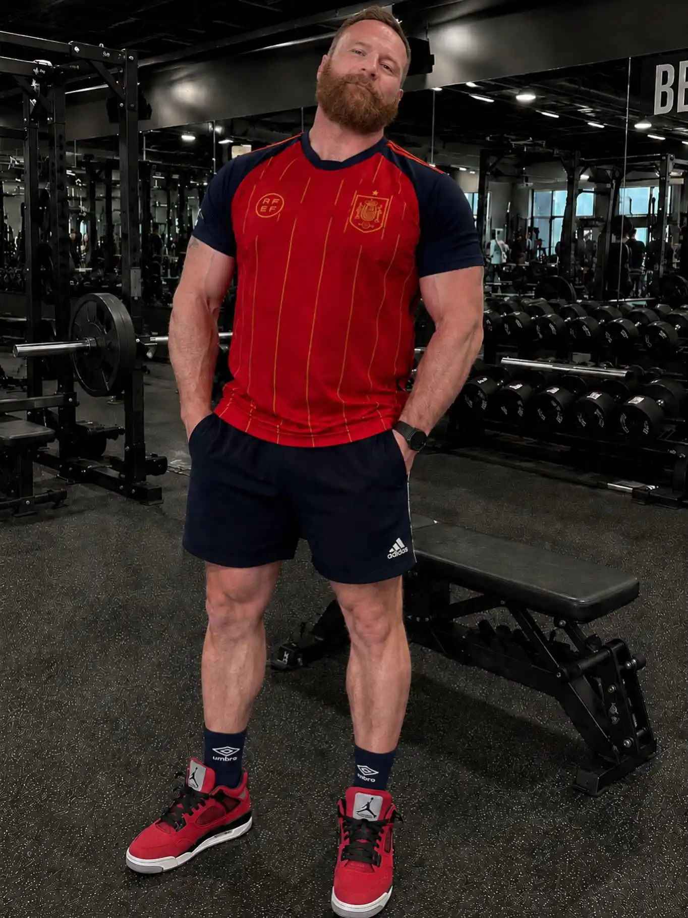 1. Red and Navy Soccer Style Jersey with Adidas Shorts
