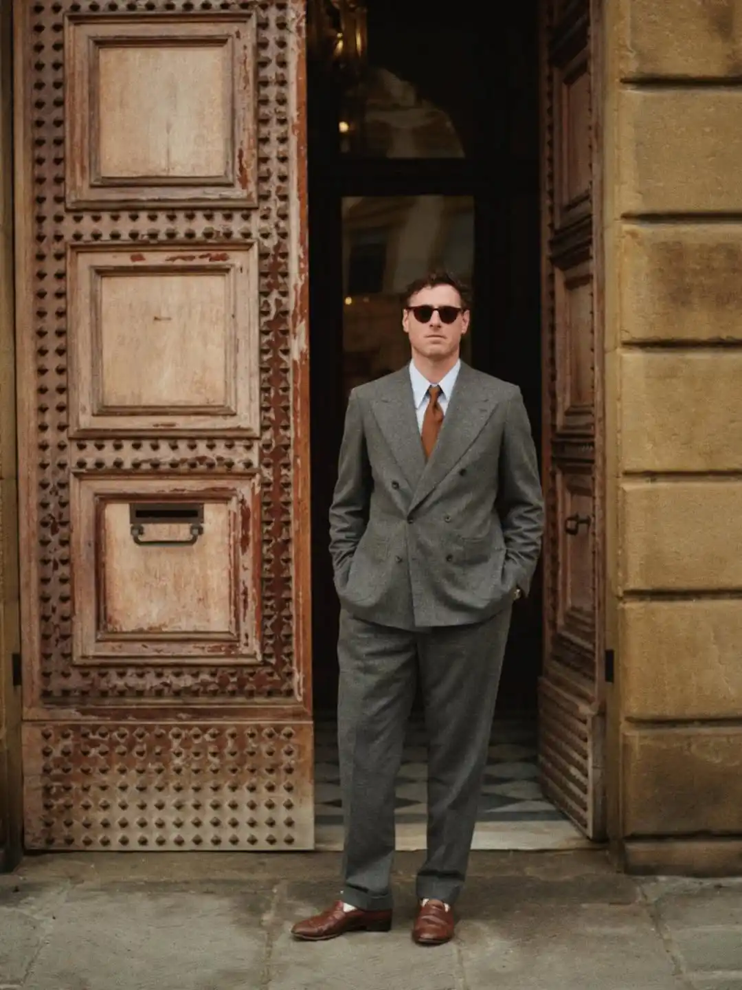 15. Grey Double Breasted Suit with Rust Tie
