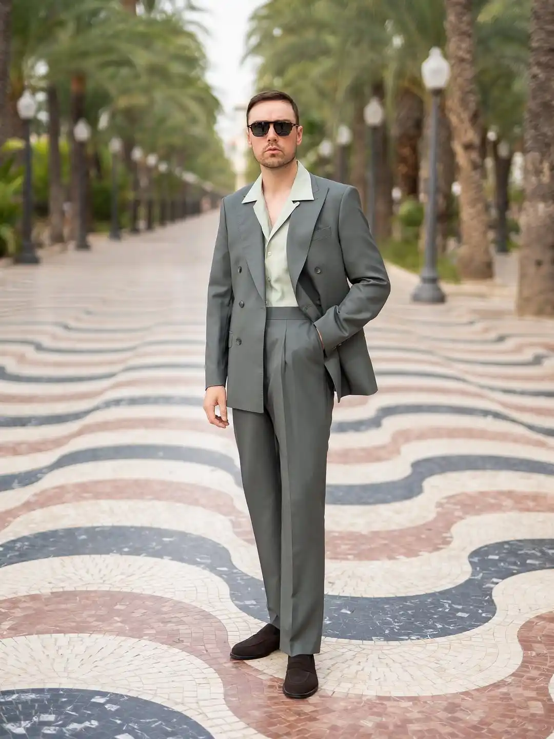 11. Grey Suit with Camp Collar Shirt