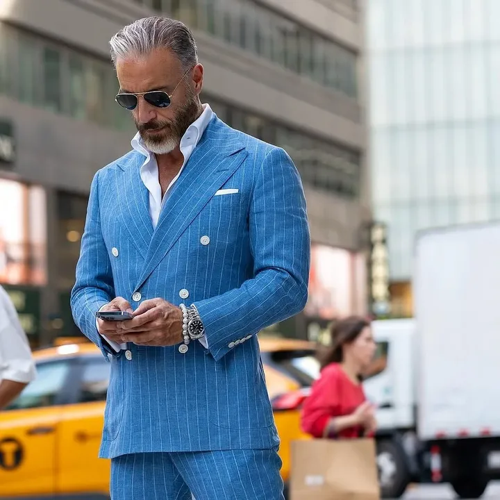 13. Blue Pinstripe Suit with Open Collar