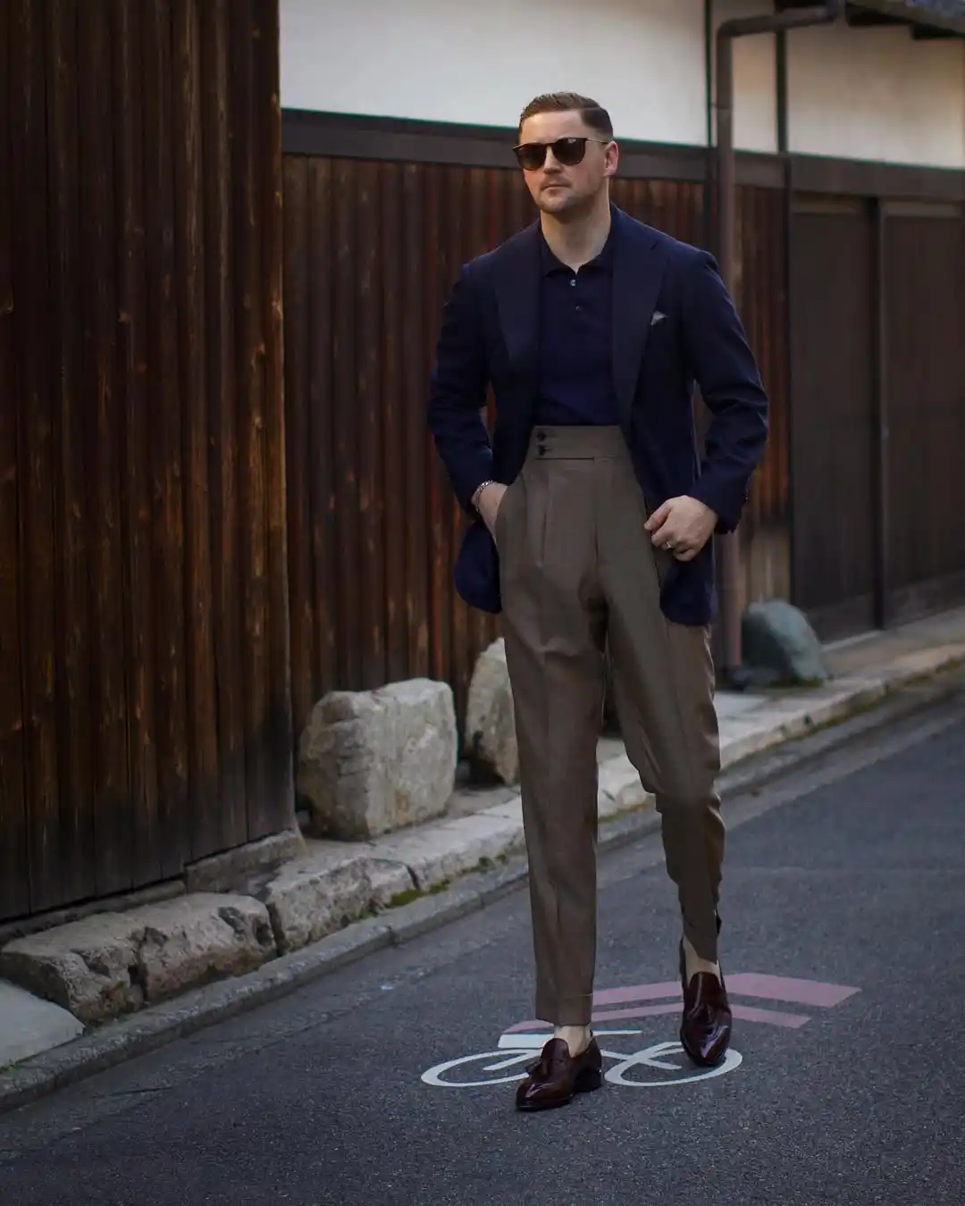 13. Navy Blazer with High Waisted Trousers