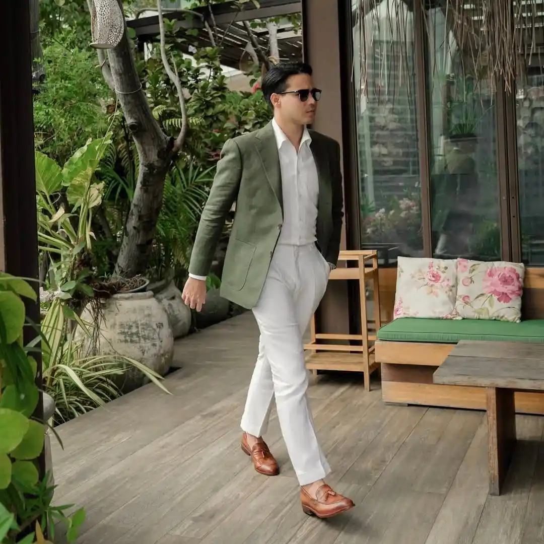 5. Olive Blazer with White Trousers