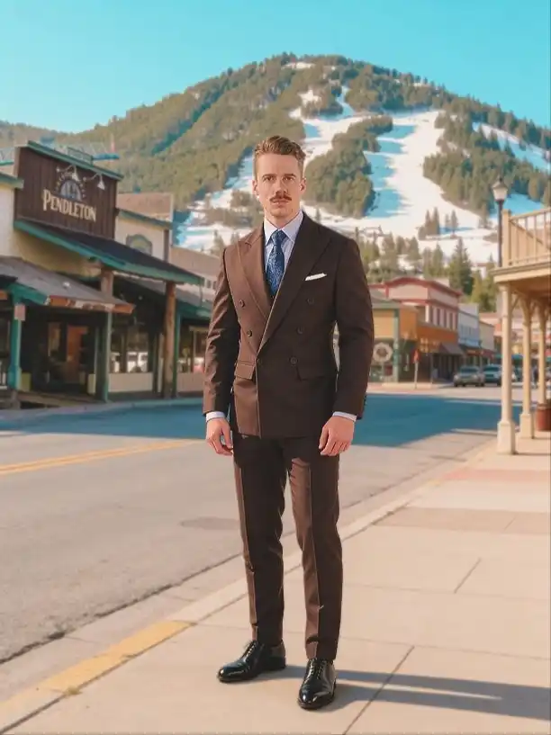 10. Brown Double Breasted Suit with Blue Tie