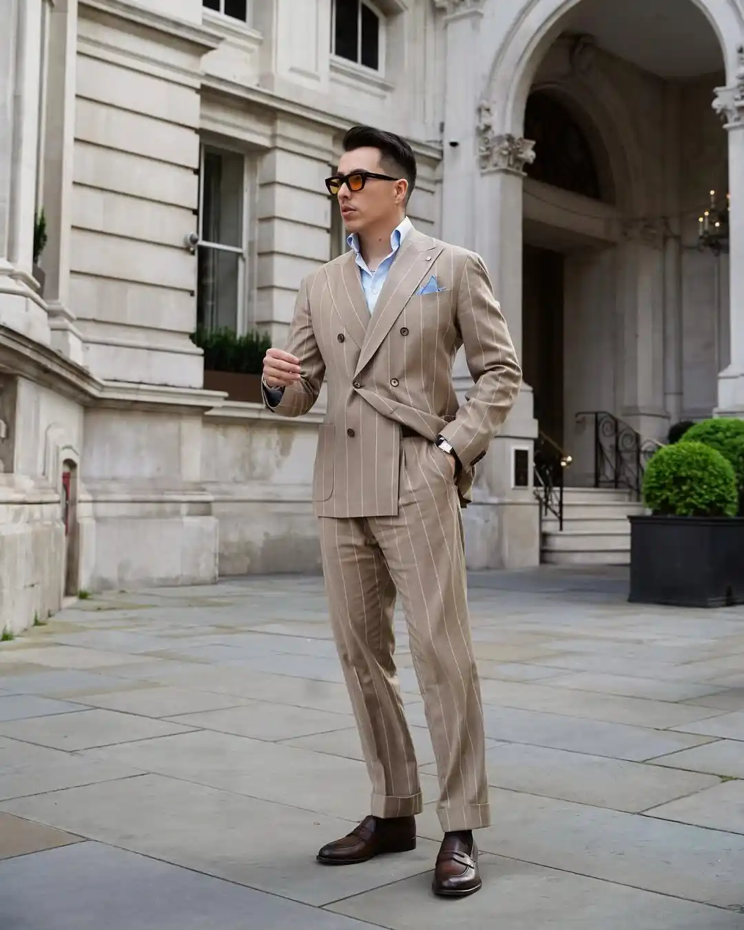 8. Pinstripe Suit with Loafers