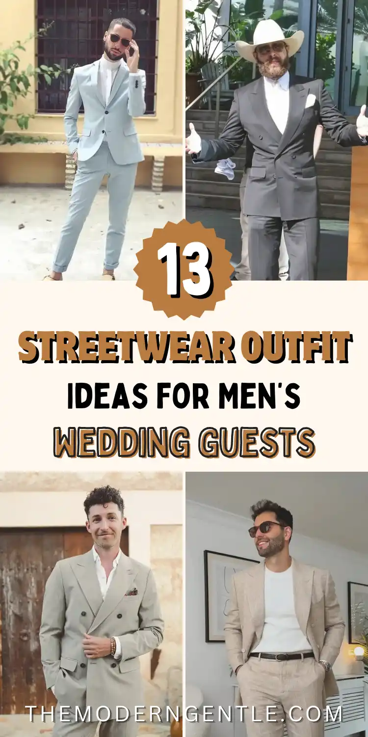 Four wedding guest outfit ideas mixing streetwear and tailoring. A man in a powder blue suit and white turtleneck poses against a yellow wall, another wears a grey double breasted suit with a cream western hat, a third stands in a beige double breasted suit with an open collar by a wooden door, and a fourth pairs a tan suit with a plain white tee. Text reads "13 Streetwear Outfit Ideas for Men's Wedding Guests."
