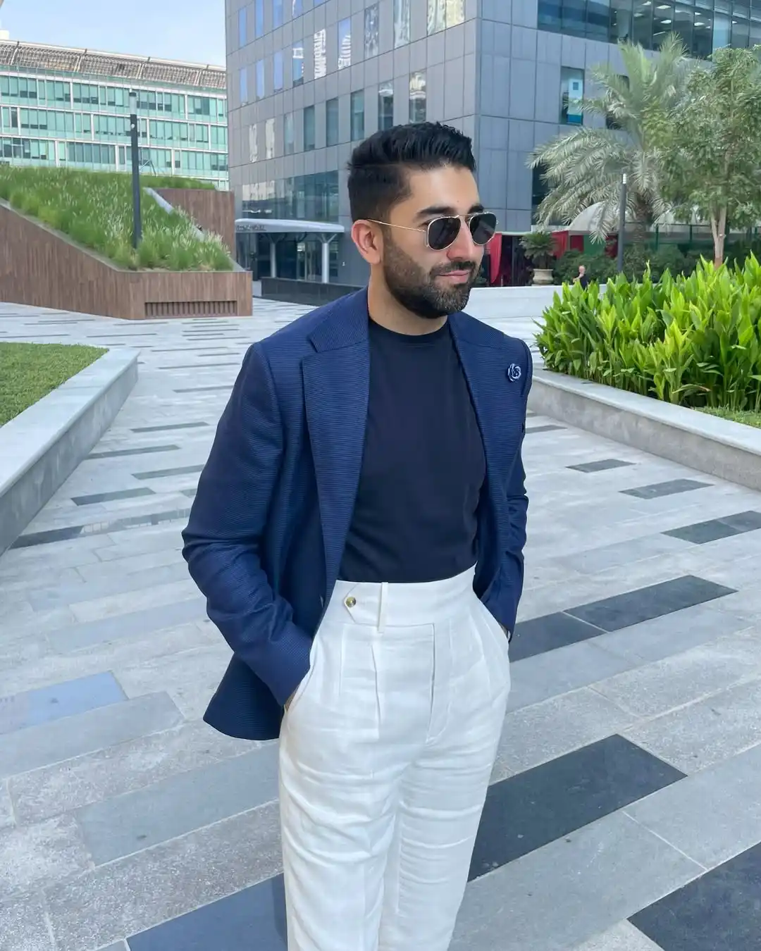 14. Navy Blazer with Cream Pleated Trousers