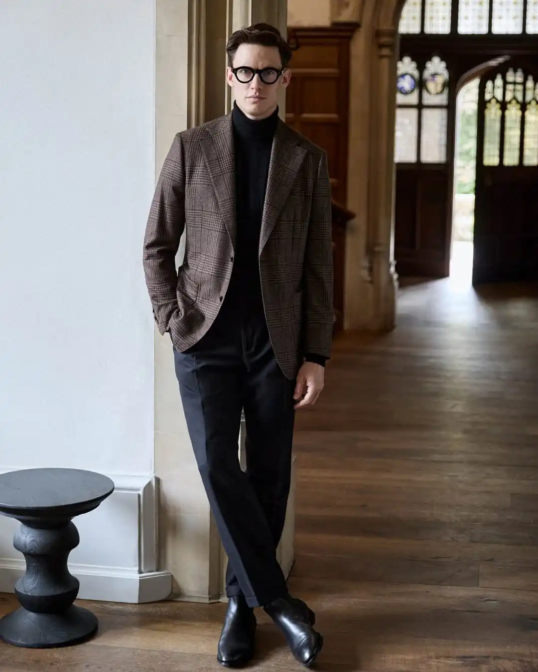 15 Winter Wedding Guest Outfit Ideas for Men 15 13. Brown Check Blazer with Black Turtleneck