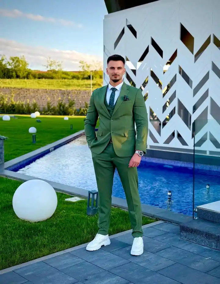 16. Green Three Piece Suit With White Sneakers
