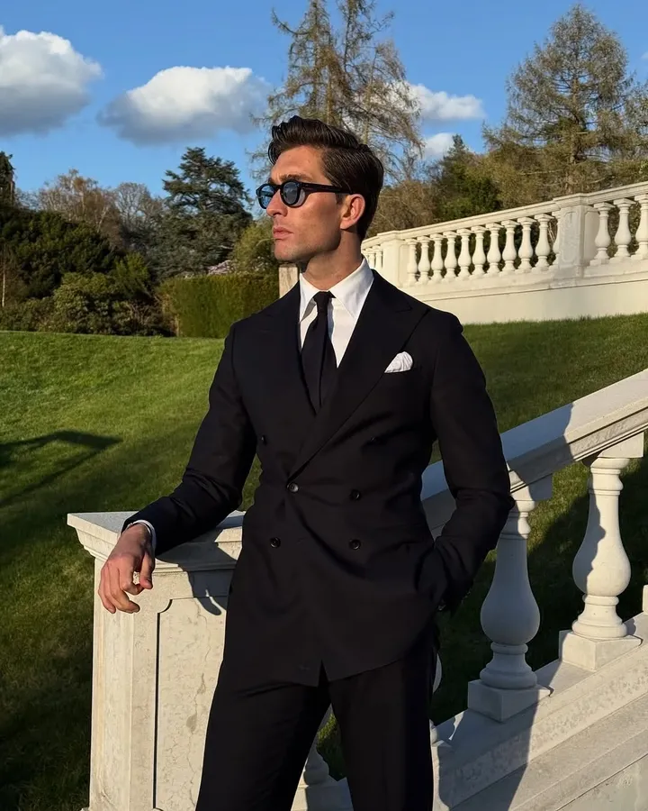 11. Black Double Breasted Suit With Slim Tie