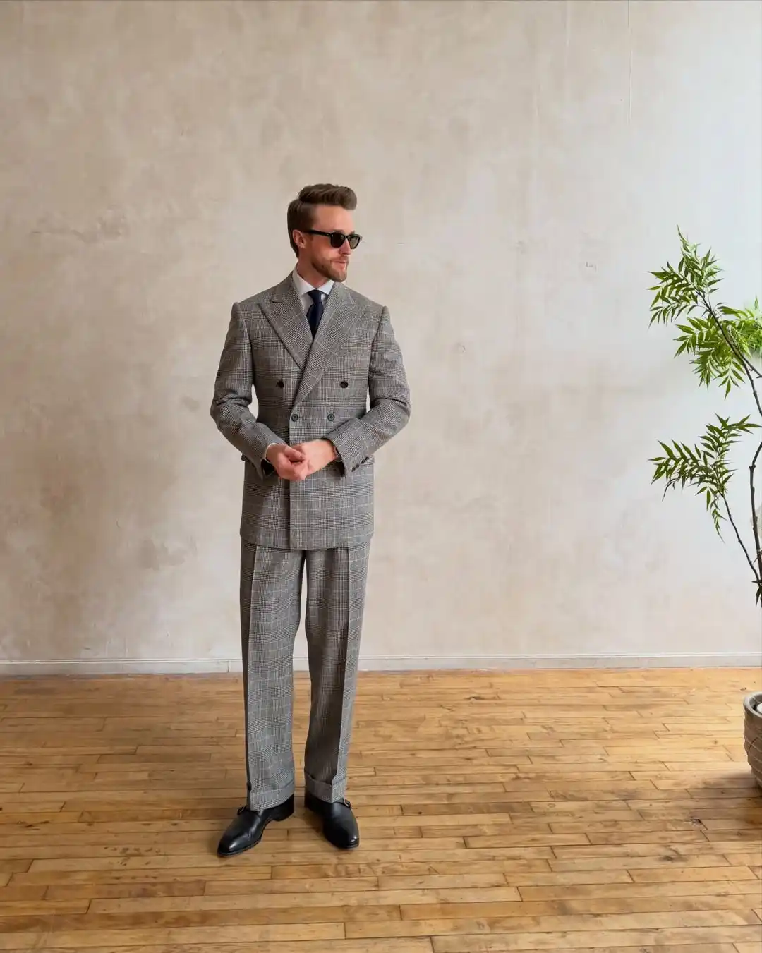 8. Grey Check Suit With Wide Leg Trousers