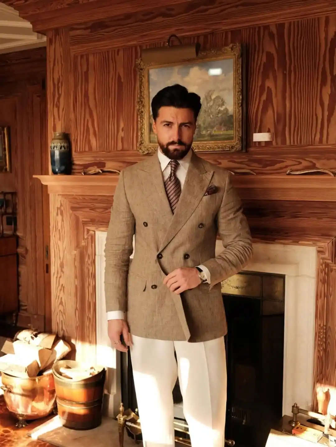 10. Tan Tweed Blazer With White Trousers