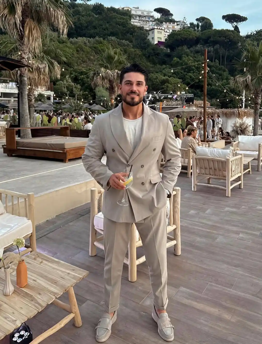 15. Grey Double Breasted Suit With White T Shirt