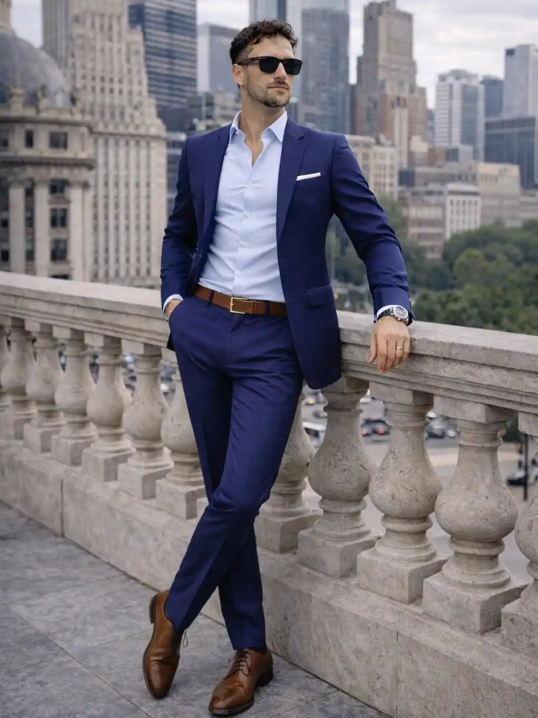 9. Navy Suit With Open Collar And Brown Belt