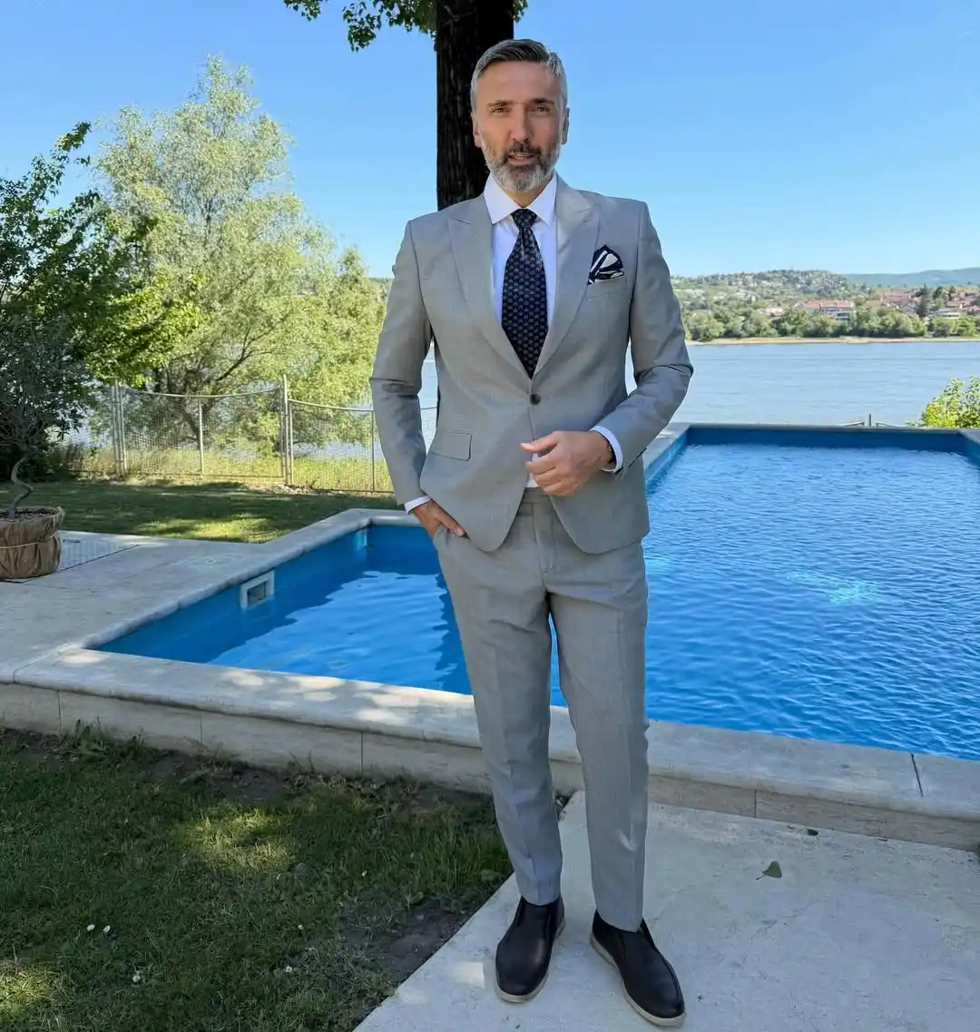 7. Light Grey Suit with Navy Print Tie
