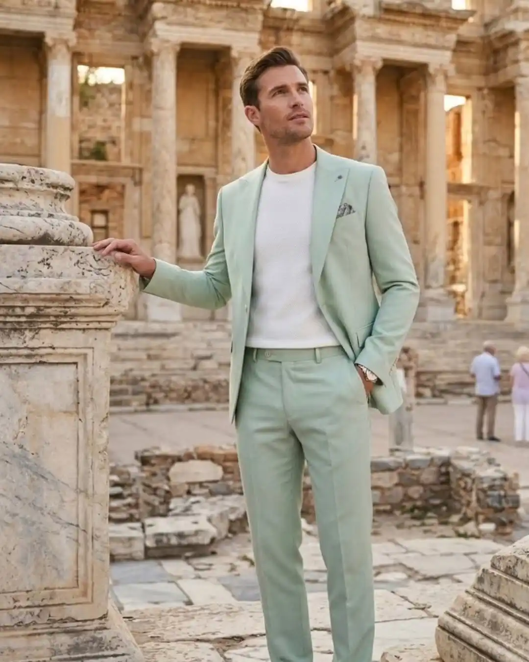 6. Mint Suit with Textured Sweater
