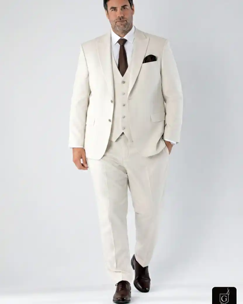 Wedding Guest Outfit for Plus Size Men: 15 Stylish Ideas 6 2. Ivory Three Piece Suit with Brown Accents