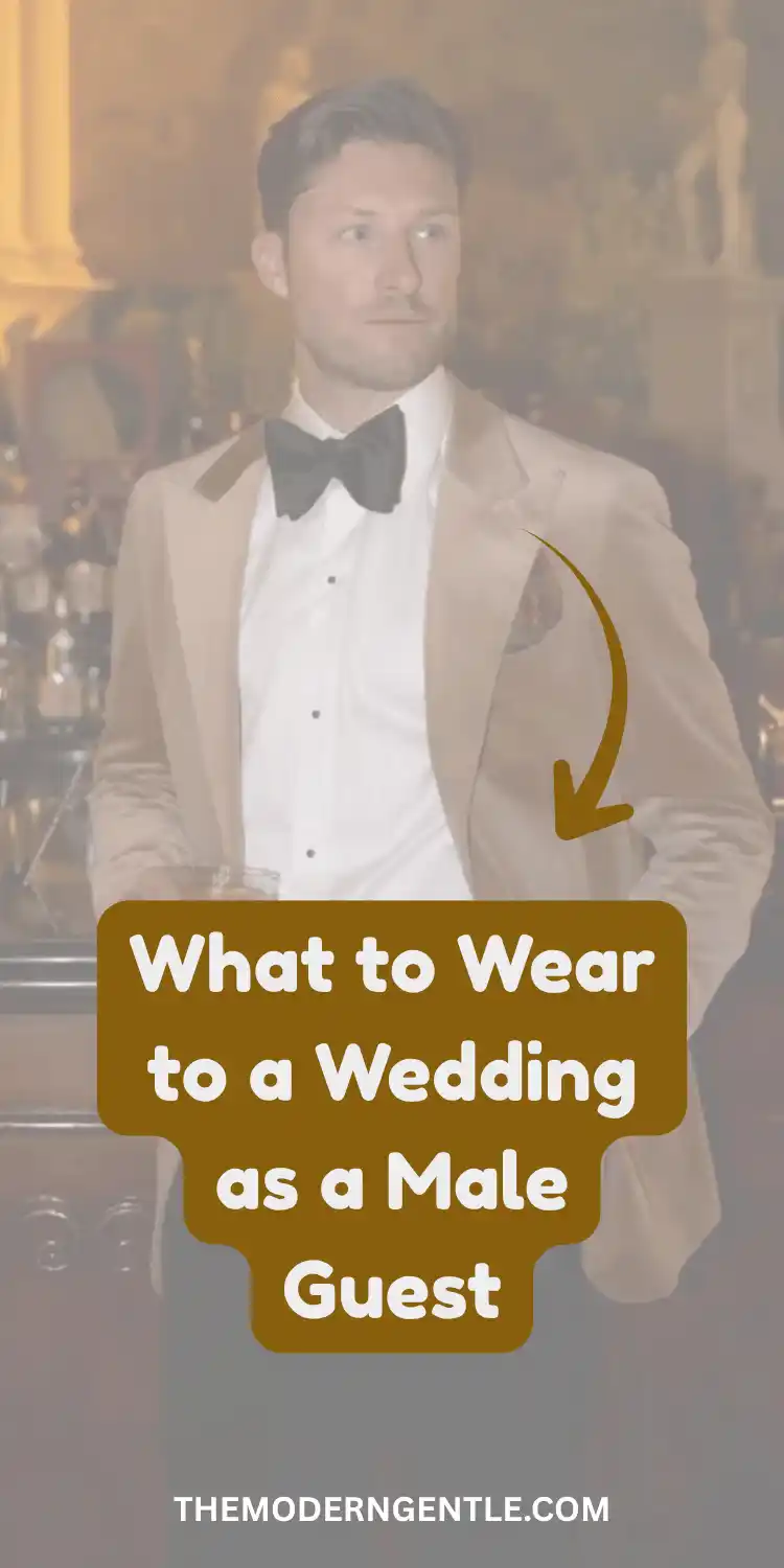 A Pinterest pin with a warm amber filter over a man holding a drink at an ornate bar, wearing a tan tuxedo jacket with a black bow tie and a white pleated dress shirt. A brown text box reads What to Wear to a Wedding as a Male Guest, with an arrow pointing at the jacket's pocket square, illustrating mens wedding guest attire and black tie optional tuxedo styling.