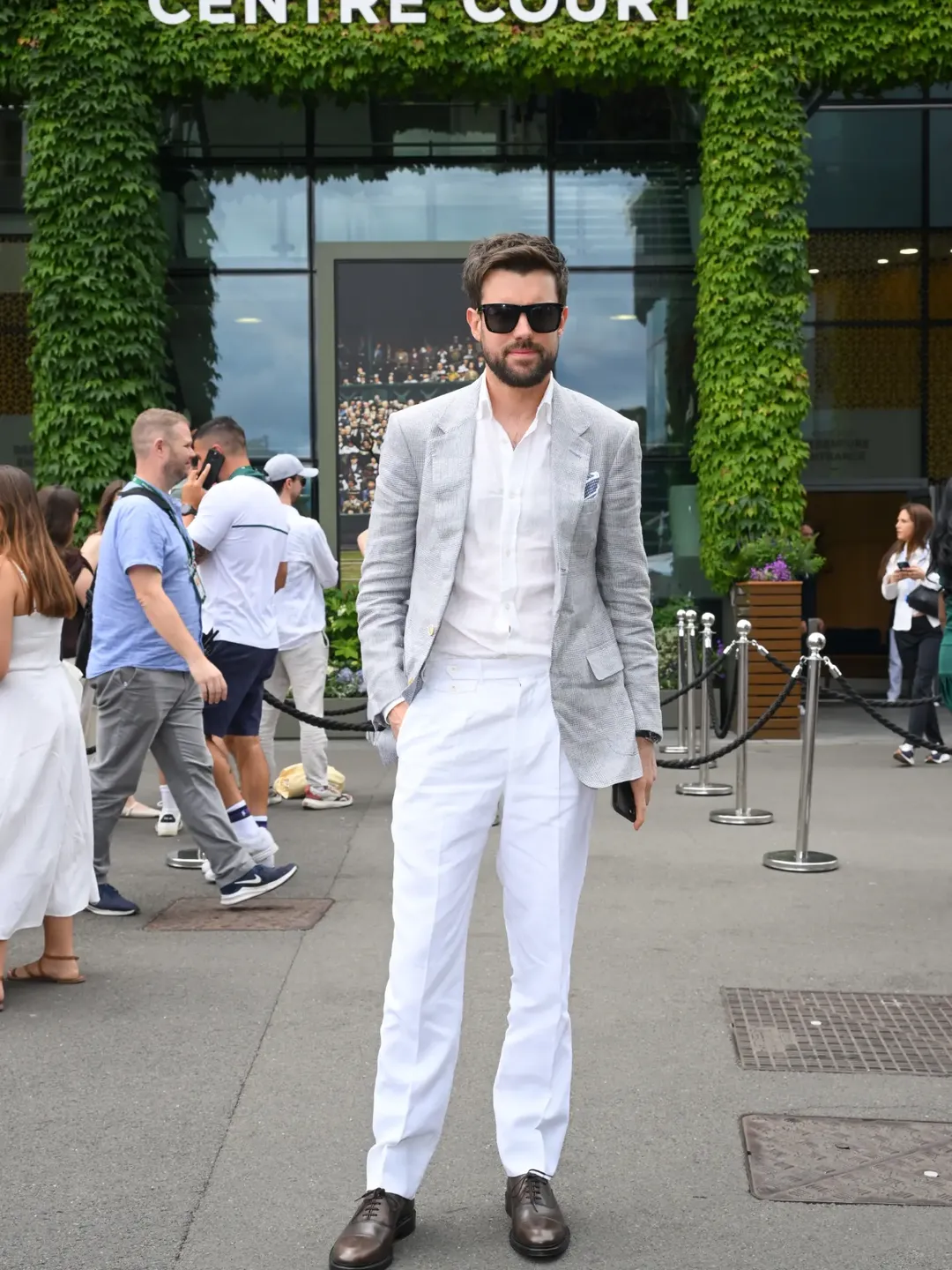 2. Grey Blazer with White Linen Shirt