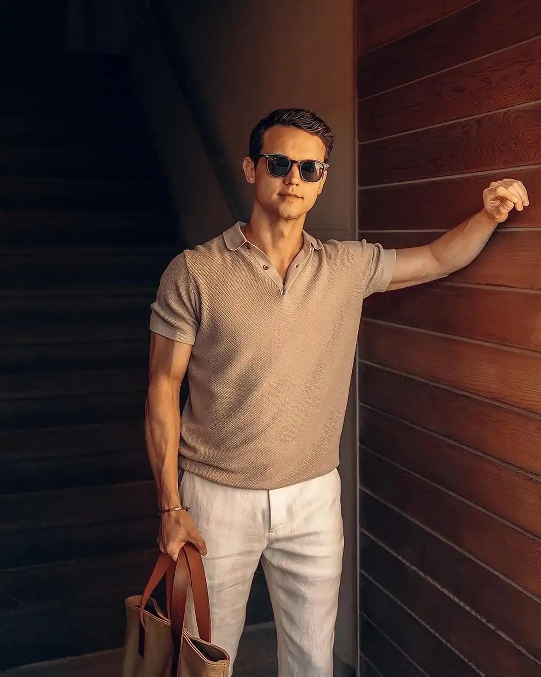 4. Linen Trousers and a Textured Knit Polo Make Effortless Look Intentional