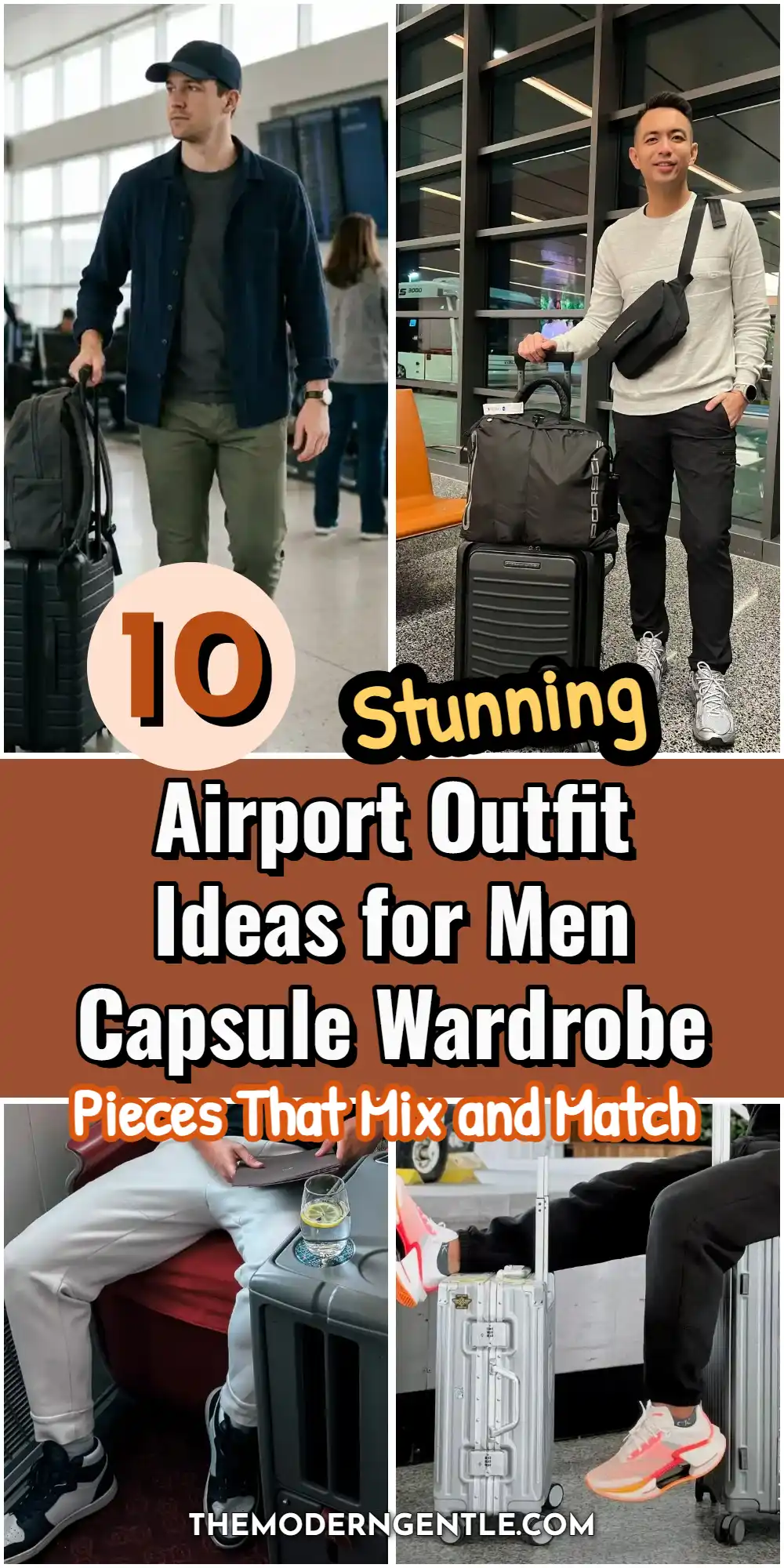 Four airport outfit photos for men. One man pulls a black suitcase in a navy shacket, dark tee, and olive joggers past departure boards. Another stands by stacked luggage in a cream long sleeve top and black cargo joggers with a crossbody bag. Two more shots show grey and black joggers paired with sneakers near terminal seating and a silver hardshell case, illustrating layering pieces men can rework into a full capsule wardrobe.