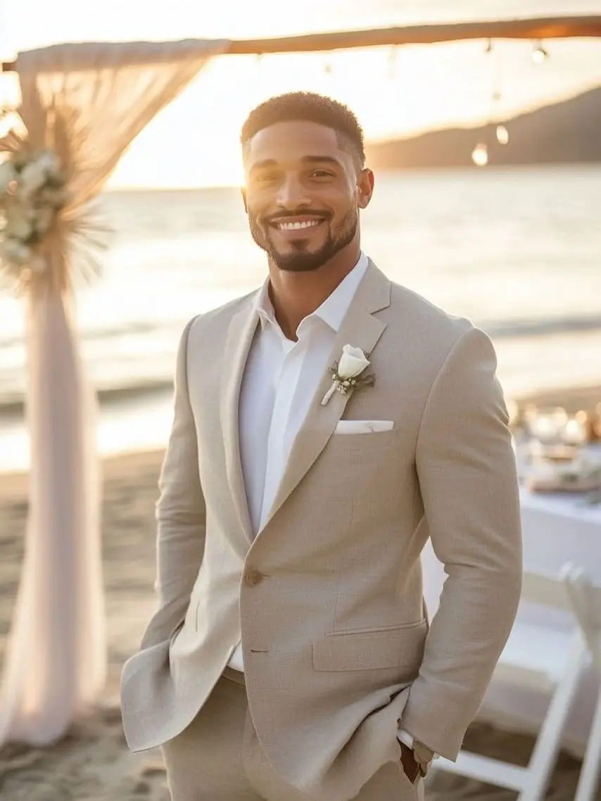 A Relaxed Tan Suit for a Barefoot Beach Ceremony