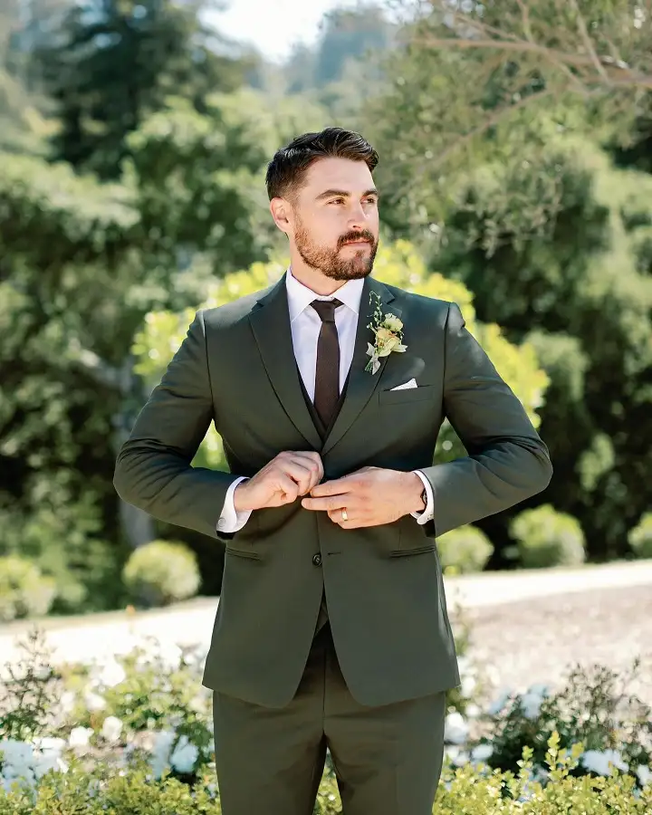 Deep Olive Green Suit for a Fall Garden Wedding