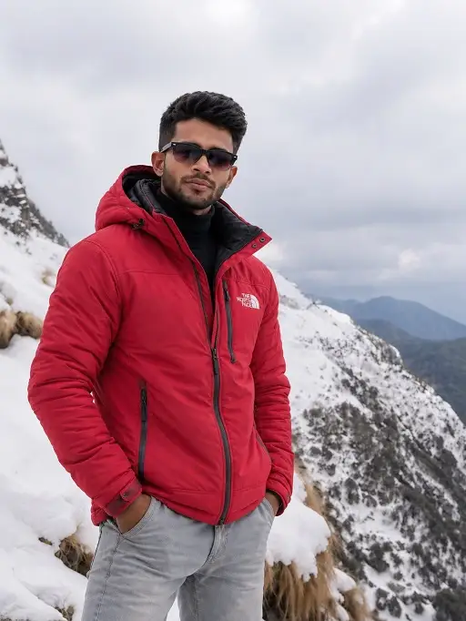 25 Stylish Winter Travel Outfits for Men & Ski Trips 15 Red Hooded Jacket and Grey Jeans for Grey Sky Days