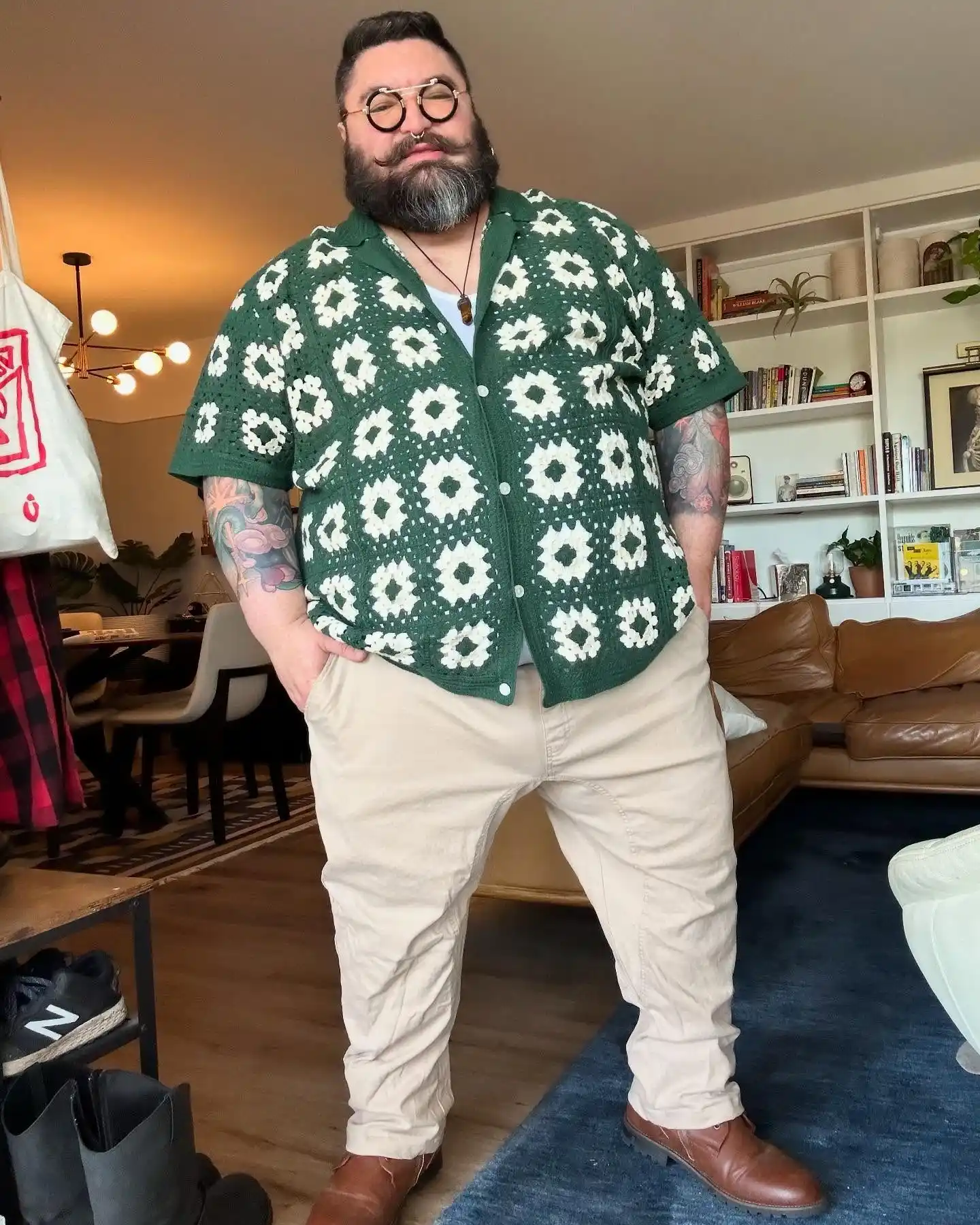 6. Crochet Camp Shirt With Chino Trousers
