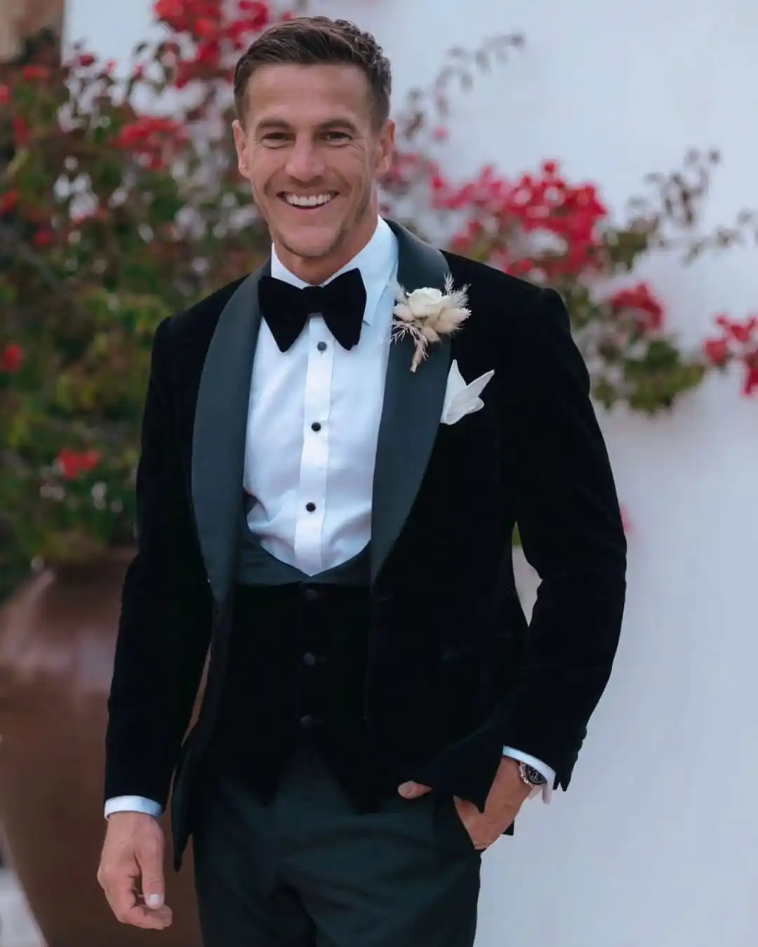 9. Velvet Tuxedo with White Boutonniere