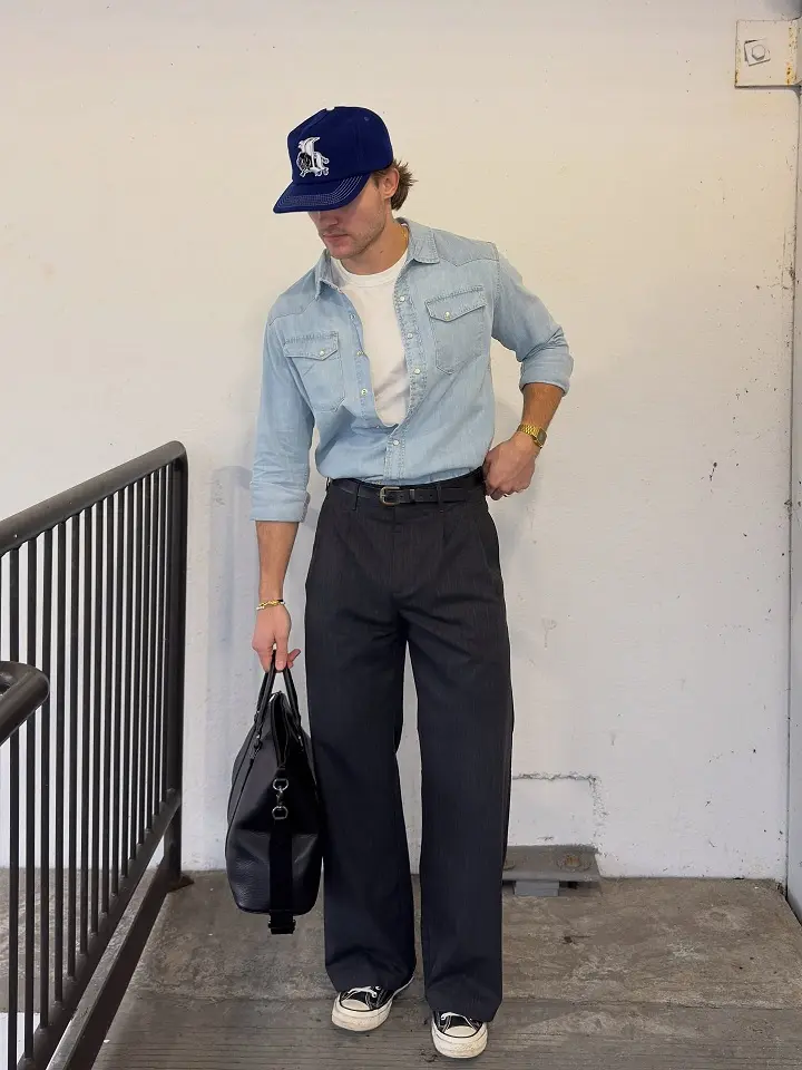 Denim Shirt Over Wide Trousers for the Long-Haul Flyer