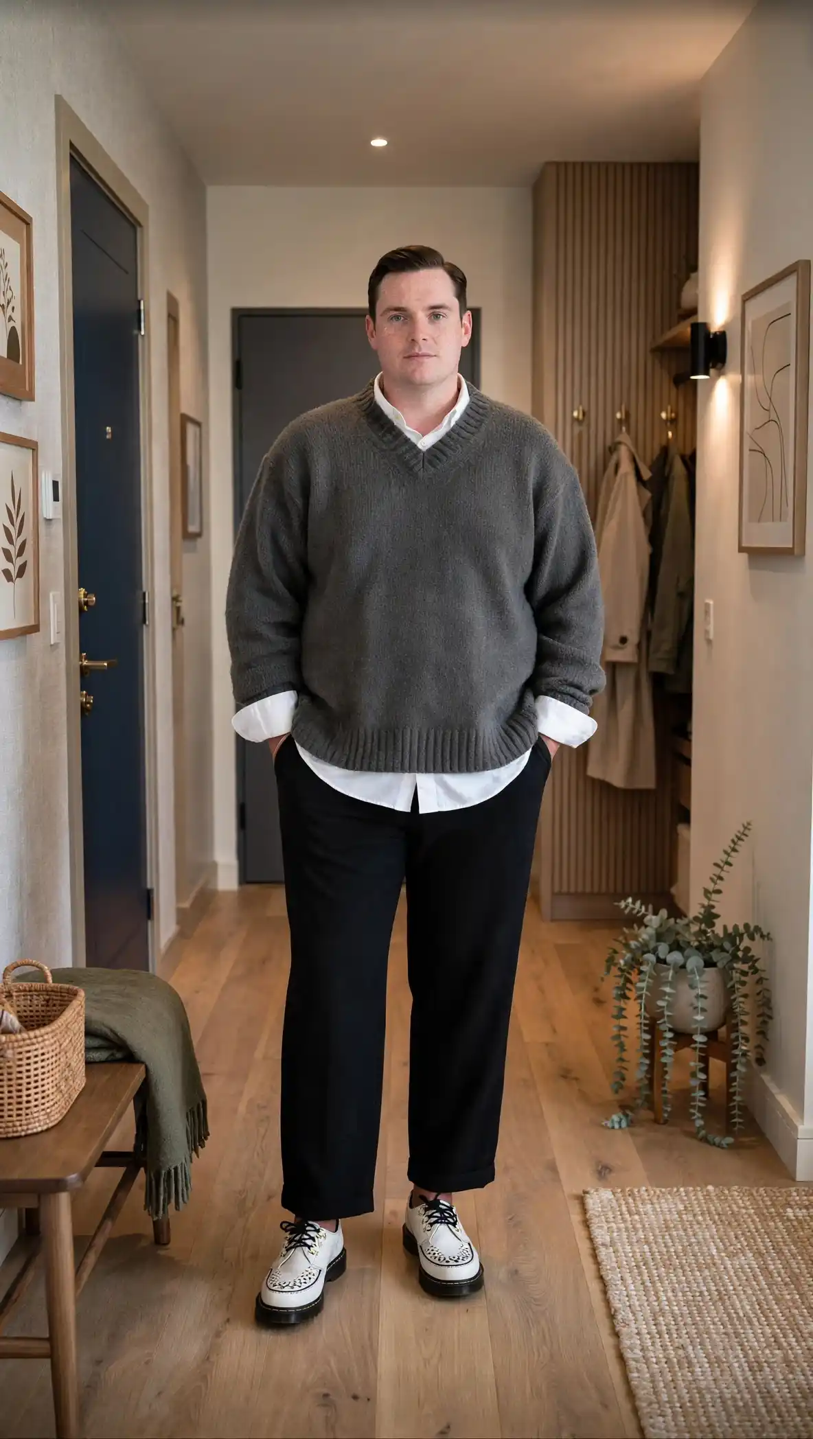 13 Dressing Tricks that Make Plus Size Men Look Slimmer 11 9. V Neck Sweater Over Collar