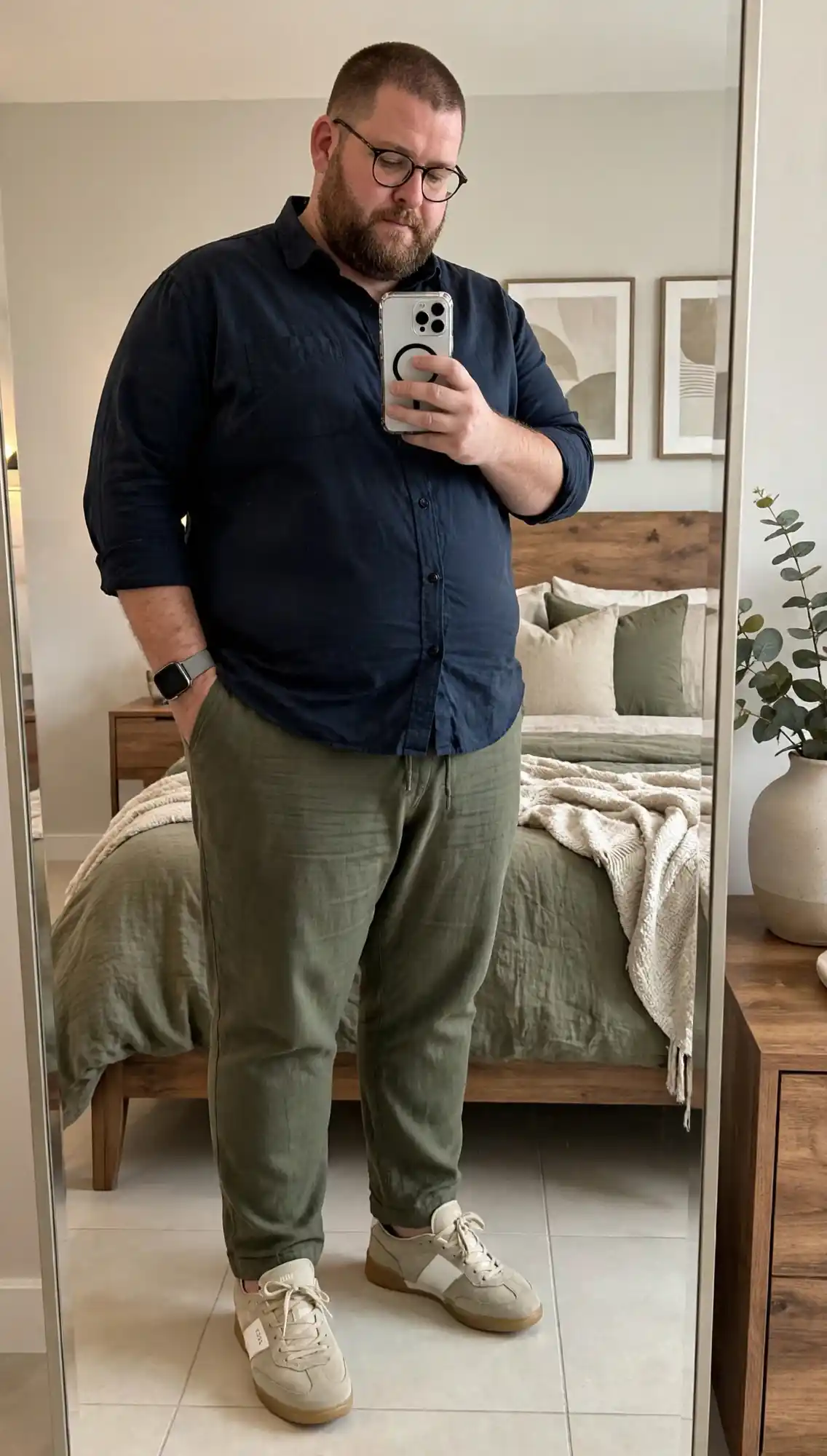 4. Navy Button Down With Linen Joggers